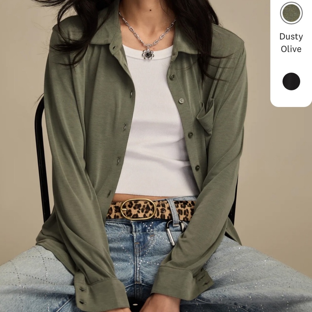 lucky brand olive sandwash long sleeve button front [medium]